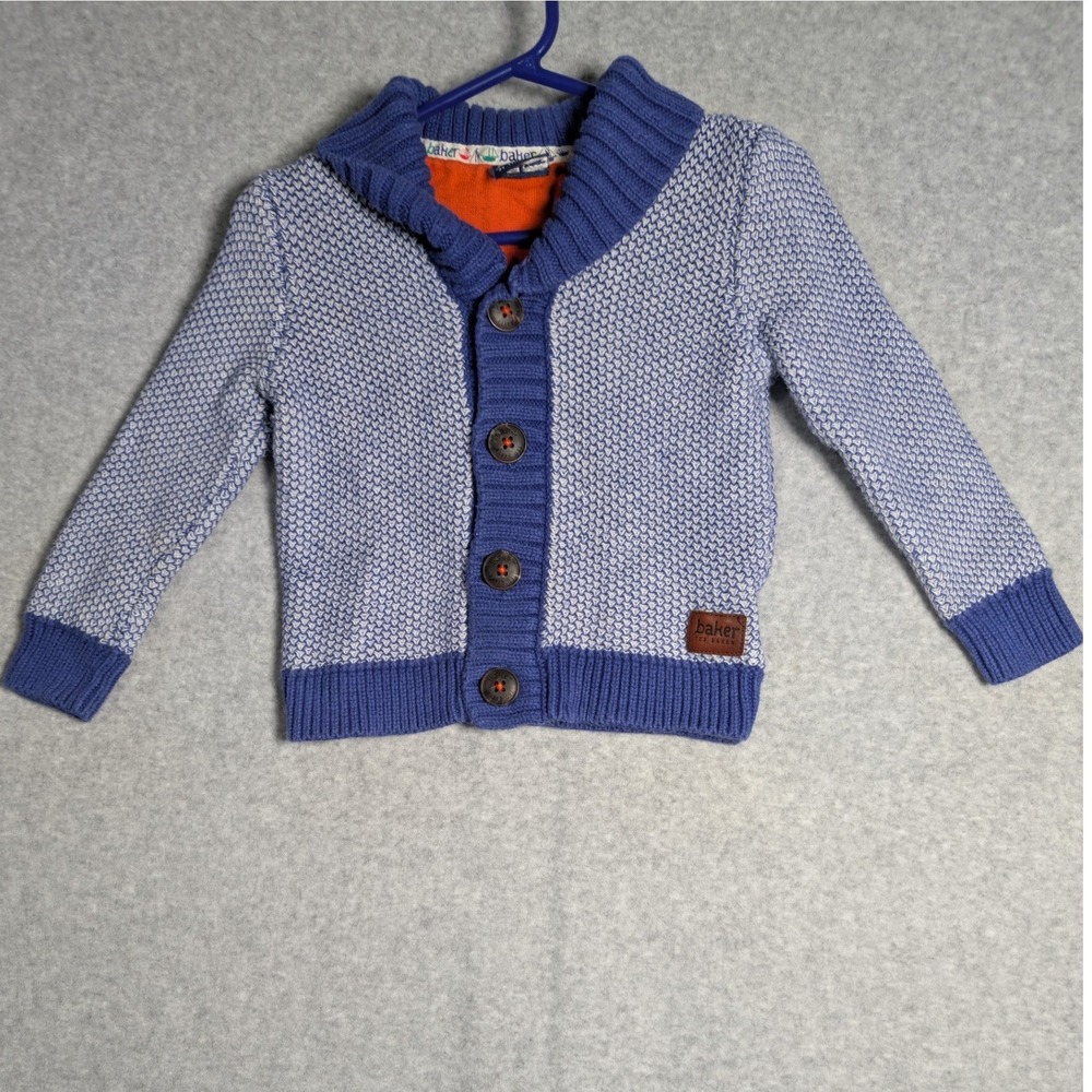 Baker by Ted Baker Kids‎ Blue Birdseye Knit Cotton Shawl Collar Cardigan 12-18M